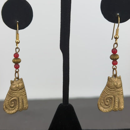 Vintage Brass Brutalist Cat Dangle Earrings 2.5 Inch Whimsical Boho Eclectic