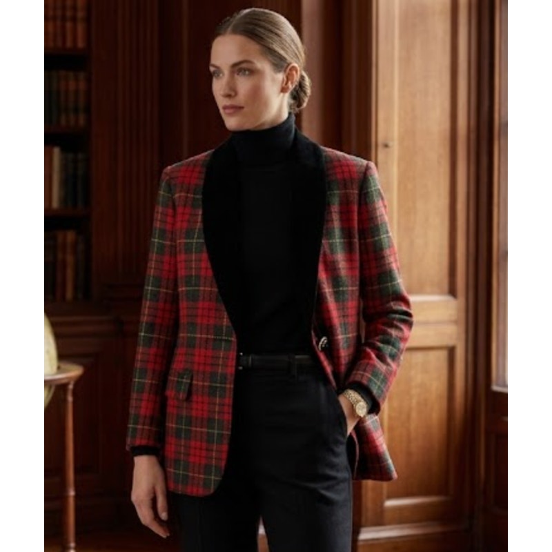 Vintage Anne Klein II Red Tartan Plaid Velvet Collar Blazer 8 Petite Wide lapel