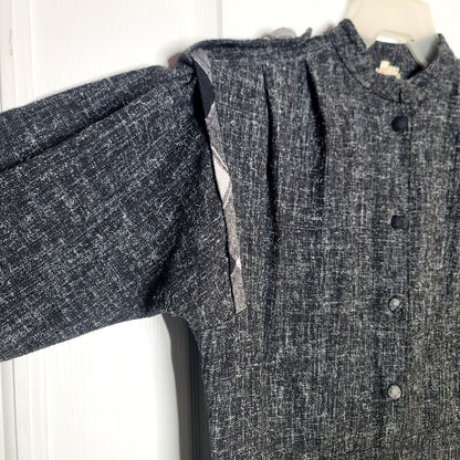 Vintage 80s nubby wool blend dress sheath dress Gray Plaid Shoulder detail Large
