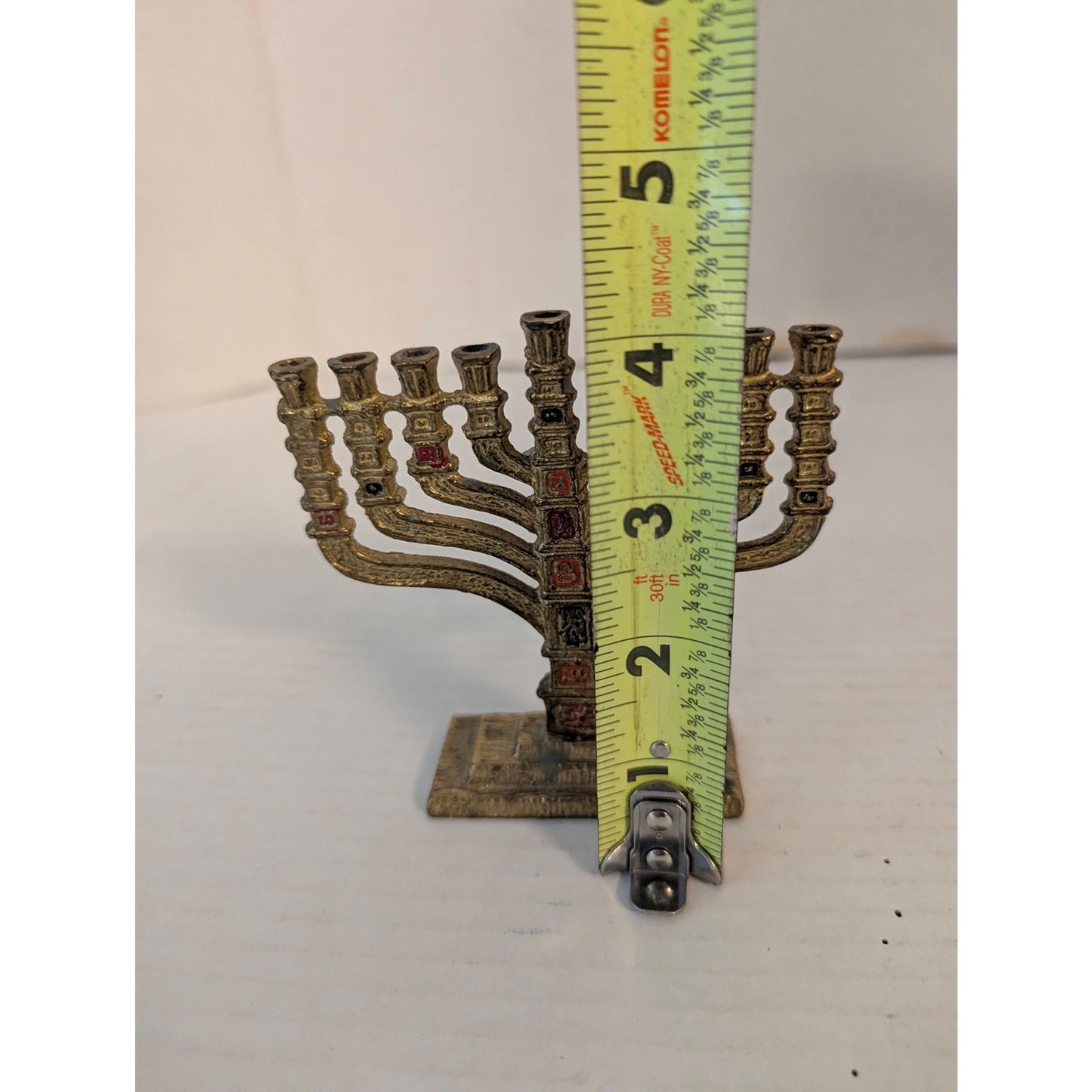 Vintage Miniature Brass Menorah Chanukiah Enamel Accents Israel 4.75"