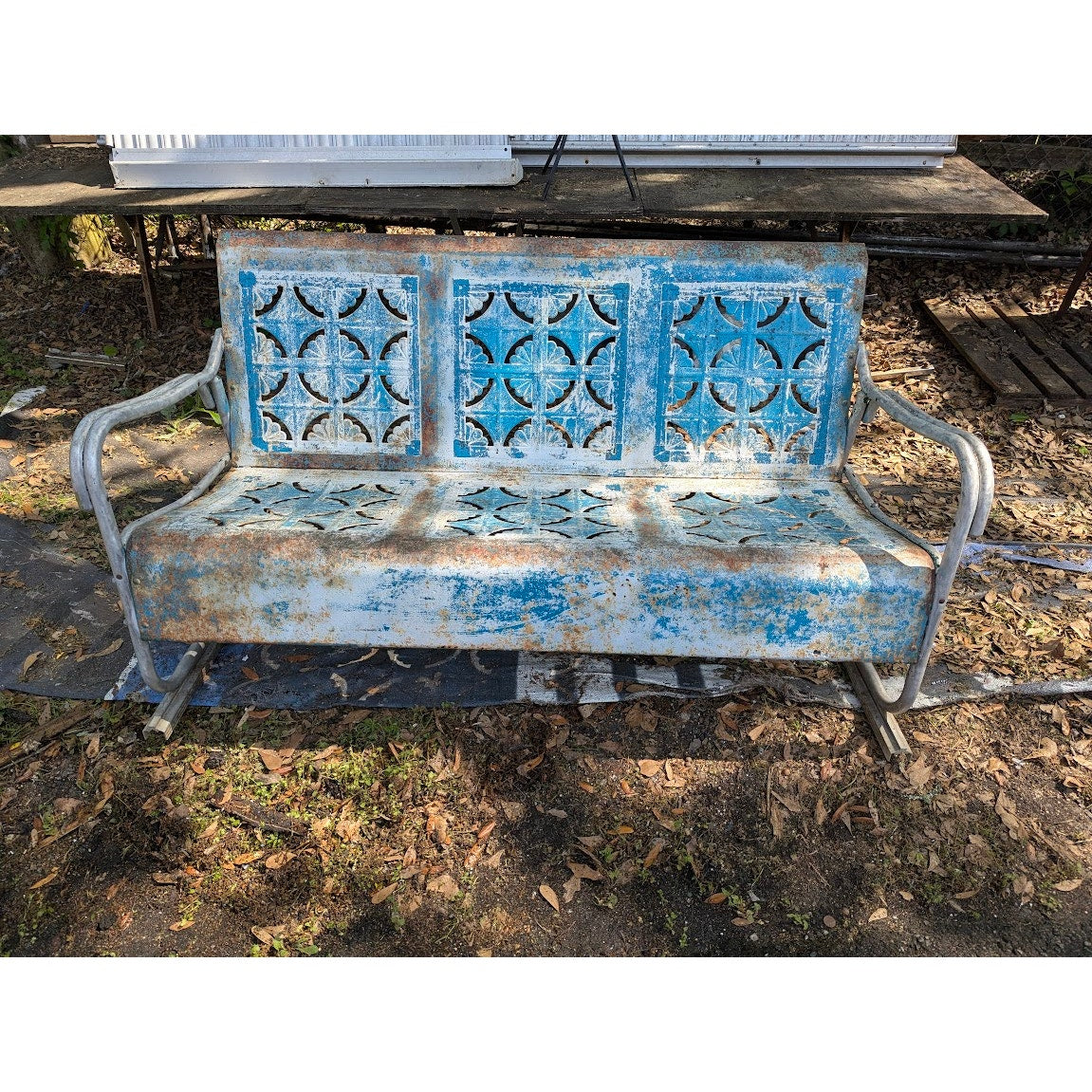 Vintage Mid-Century Blue Metal 3-Seater Patio Glider Bench Top Project