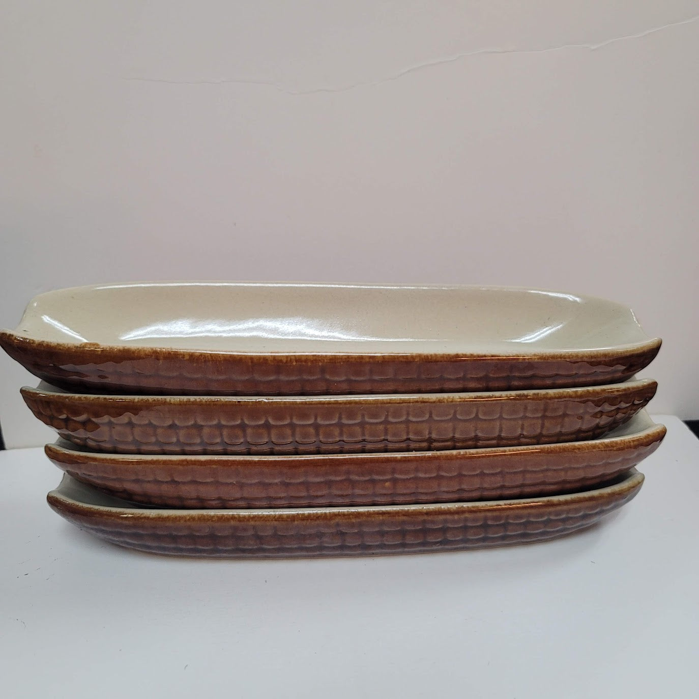Set of 4 brown cream corn on the cob dishes Ceramic Glazed Corn Impression Serve
