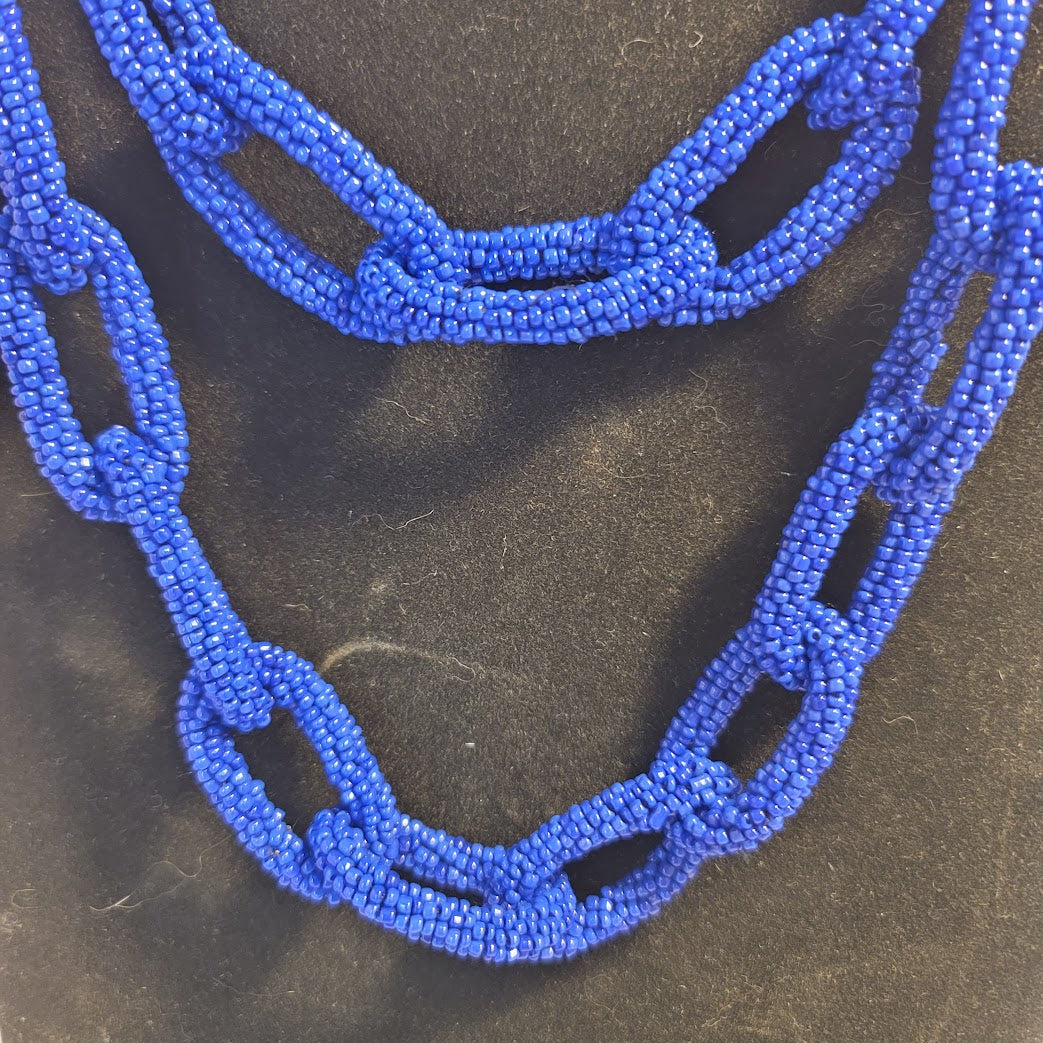 Handmade Double 9" interlocking Blue glass Beads Chain Funky Statement  Necklace
