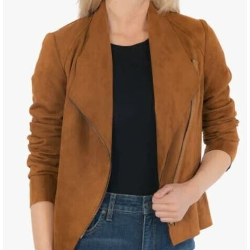 KUT from the Kloth Karina Moto Draped Faux Suede Jacket Sz Medium in Brandy NWT