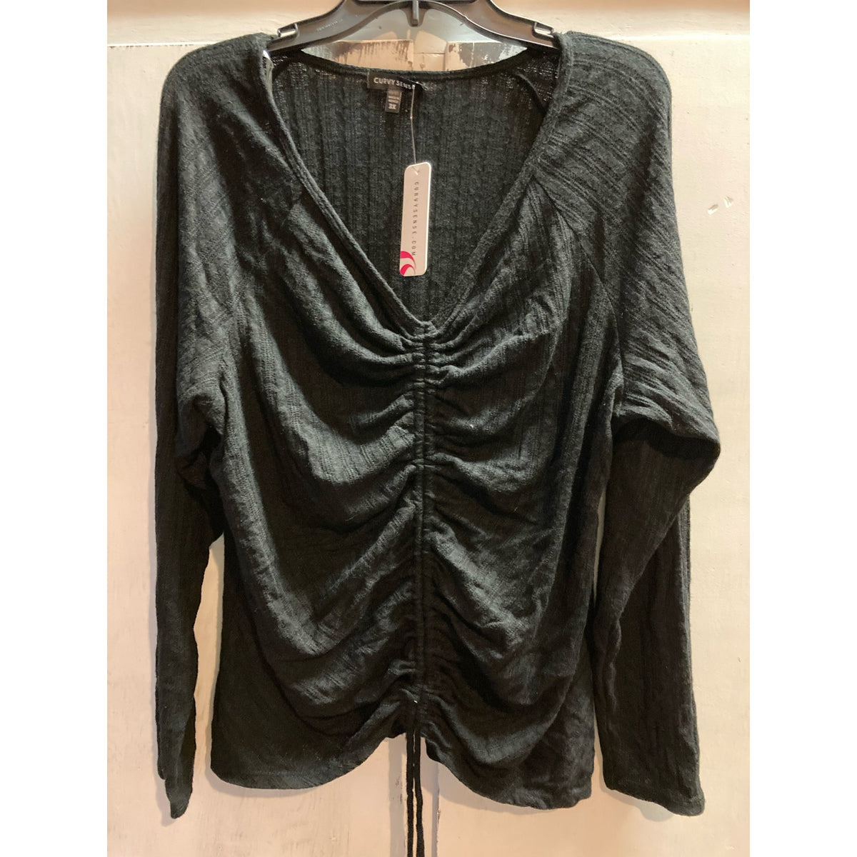 Curvy Sense Women's Top Plus 3X Black NEW Ruched Drawstring V-Neck Long Sleeve