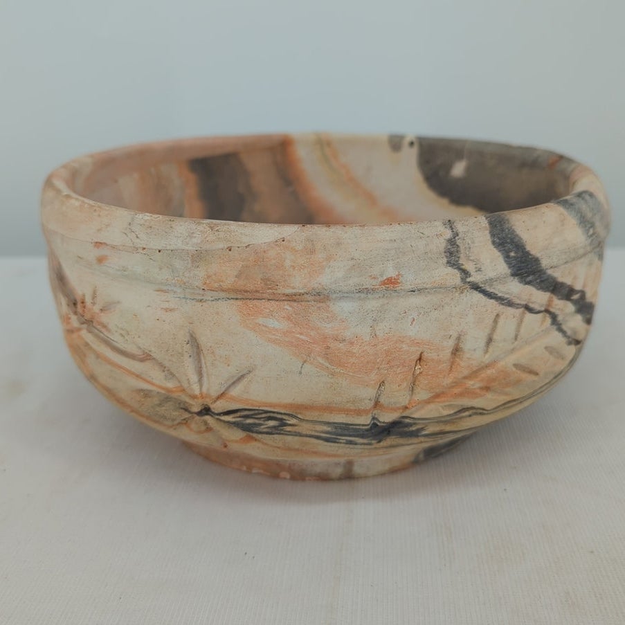 Vintage Southwestern Agateware Marbled Pottery 8" Bowl Hand-Etched Folk Art