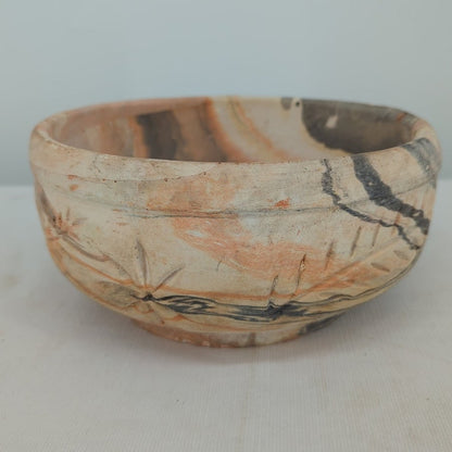 Vintage Southwestern Agateware Marbled Pottery 8" Bowl Hand-Etched Folk Art