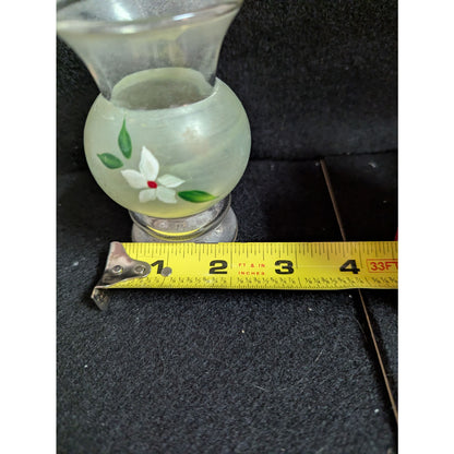 Vintage Frosted Green Hand-Painted Miniature Vases with Silver-Tone Bases - Pair