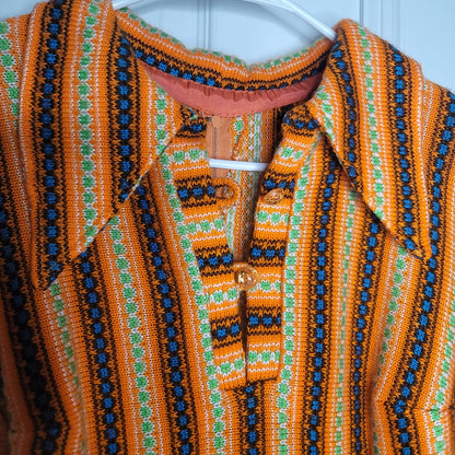 Vintage Womens Medium Knit Mini Dress Long Sleeve Orange brown Wide collar