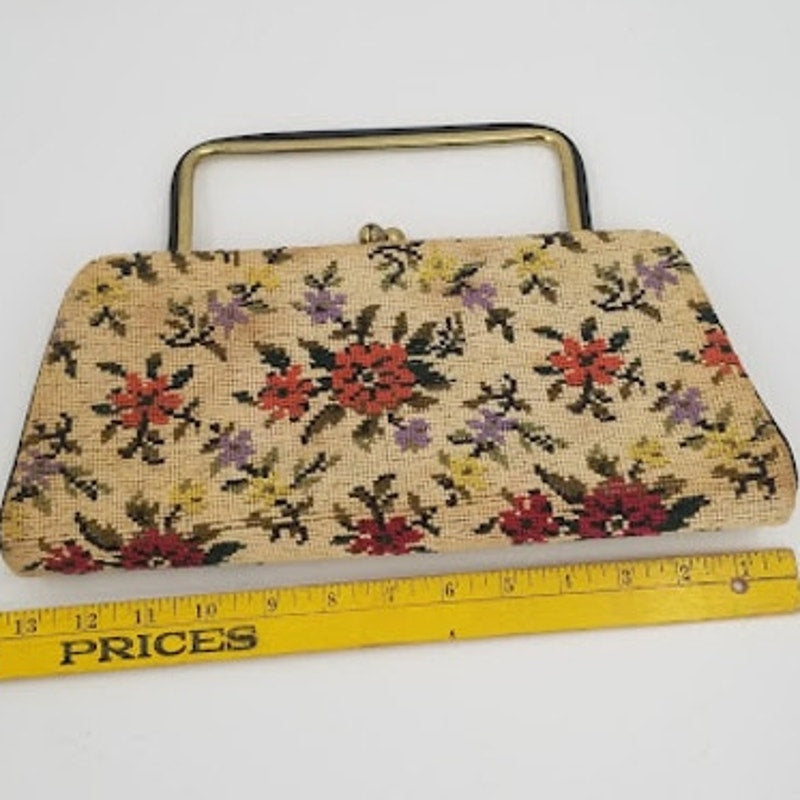 Vintage Tapestry Cross Stitch Wallet Clutch top handle purse bag handbag