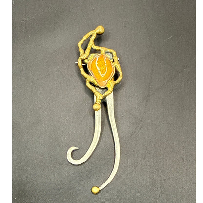 Vintage Brutalist Brass & Silver Enamel Center Brooch MCM Unsigned Statement Pin