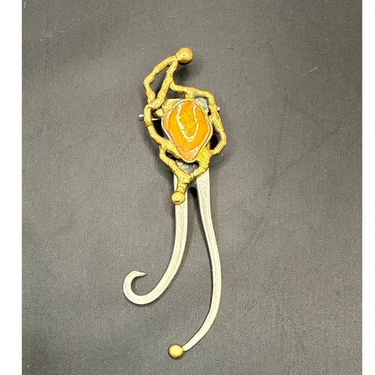 Vintage Brutalist Brass & Silver Enamel Center Brooch MCM Unsigned Statement Pin