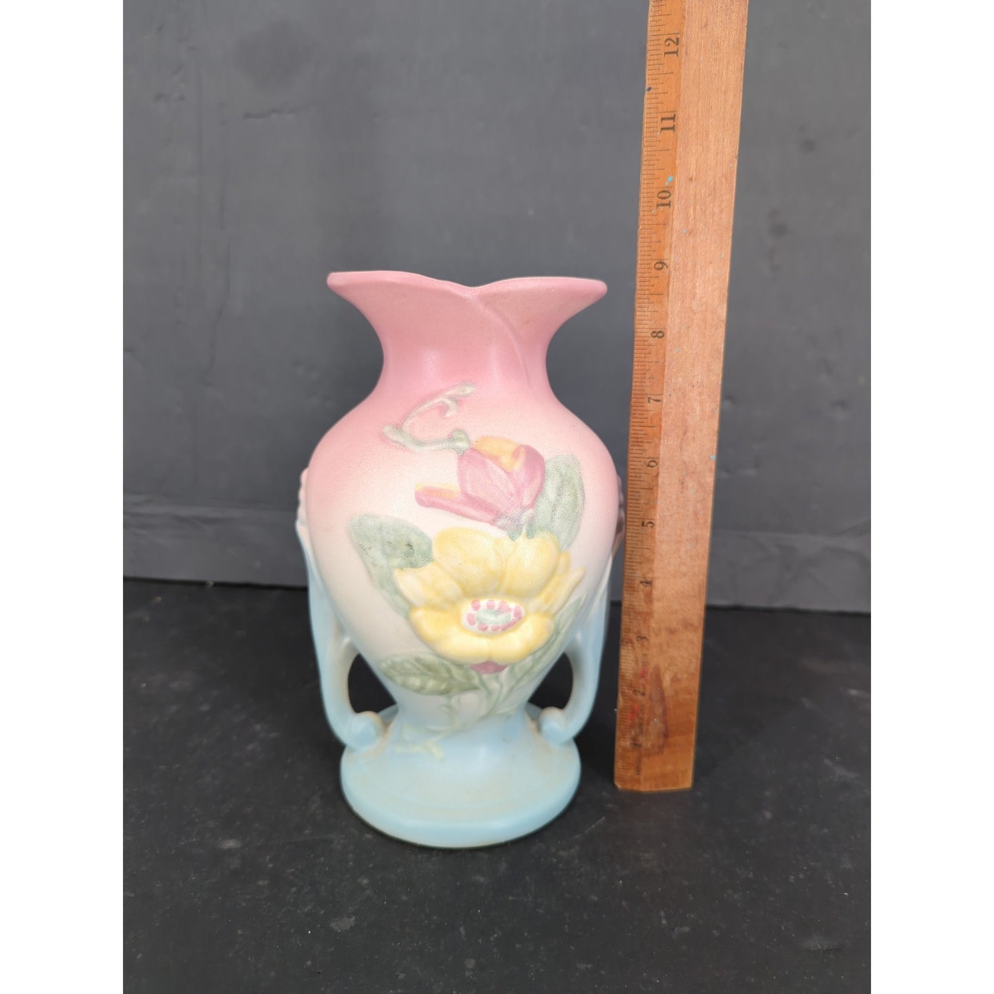 Vintage Hull Pottery Magnolia Double Handled Vase Matte Pink Blue Yellow