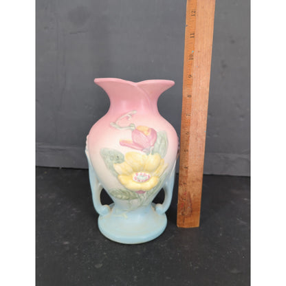 Vintage Hull Pottery Magnolia Double Handled Vase Matte Pink Blue Yellow