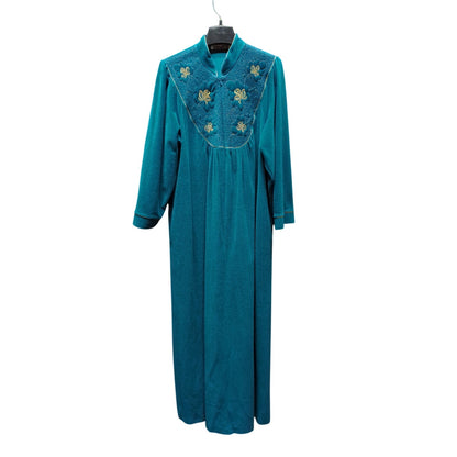 Vintage Vanity Fair Teal Fleece Lounge Robe Embroidered Floral Long Sleeve Small