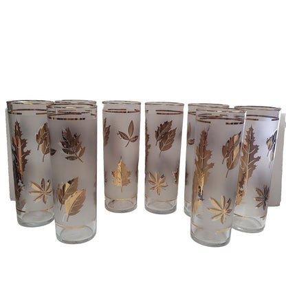 MCM Barware Highball Drinkware Cocktail Set of 8 Libbey Gold Leaves 7'' glasses