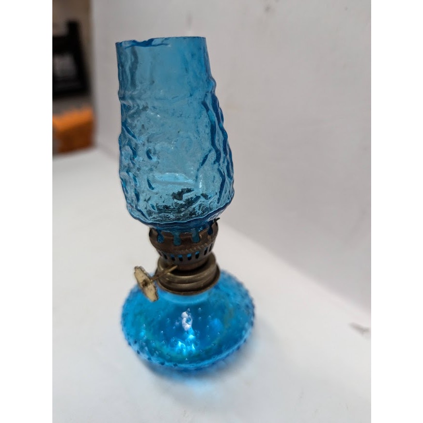 Vintage GLASS miniature oil hurricane lamp textured 1960s Flash painted BLUE 4"