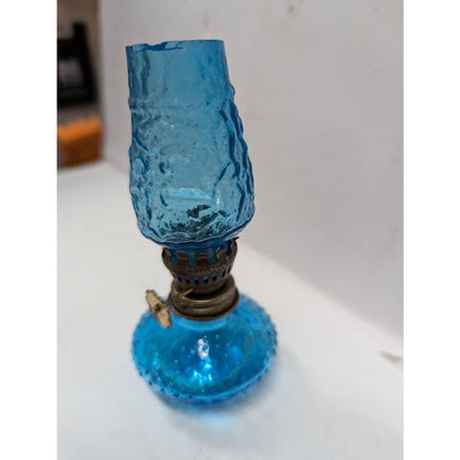 Vintage GLASS miniature oil hurricane lamp textured 1960s Flash painted BLUE 4"
