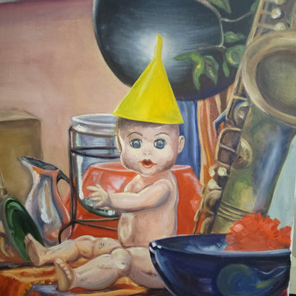 Oddities Surrealist Oil Painting Doll FunnelHat Kitsch Eclectic Moody Still Life