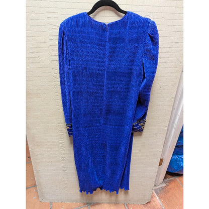 Vintage Nuit Micro Pleat Cocktail Arm cuff Sequin Dress Size 8 Blue Long Sleeve