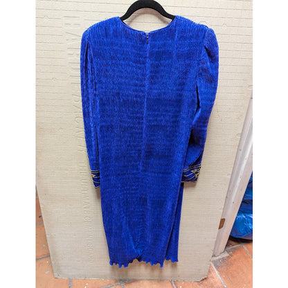 Vintage Nuit Micro Pleat Cocktail Arm cuff Sequin Dress Size 8 Blue Long Sleeve