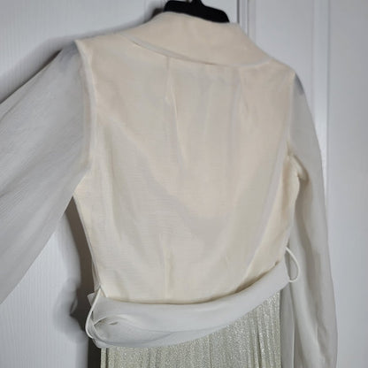 Vintage WIDE pleated silver Bell Bottom Jumpsuit 1 PIECE chiffon top belt Medium