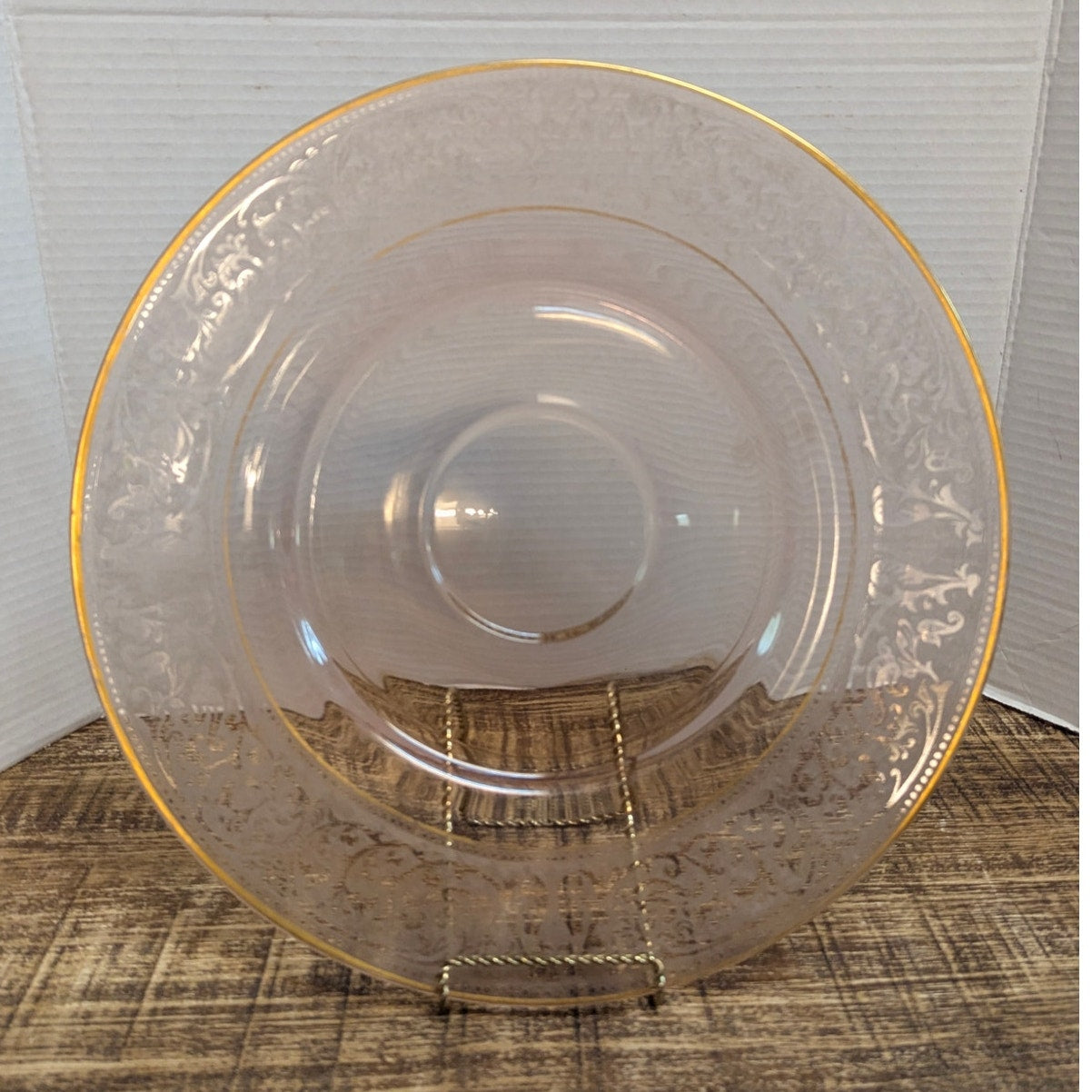 Vtg. Pink Depression Glass Platter 14" Etched Floral Gold Trim Hollywood Regency