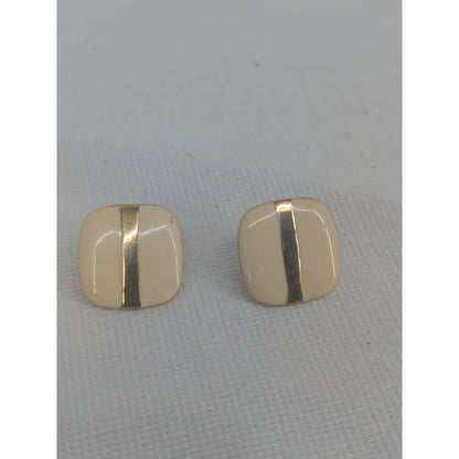 Vintage Cream and Gold Stripe Square Post Earrings Retro Minimalist