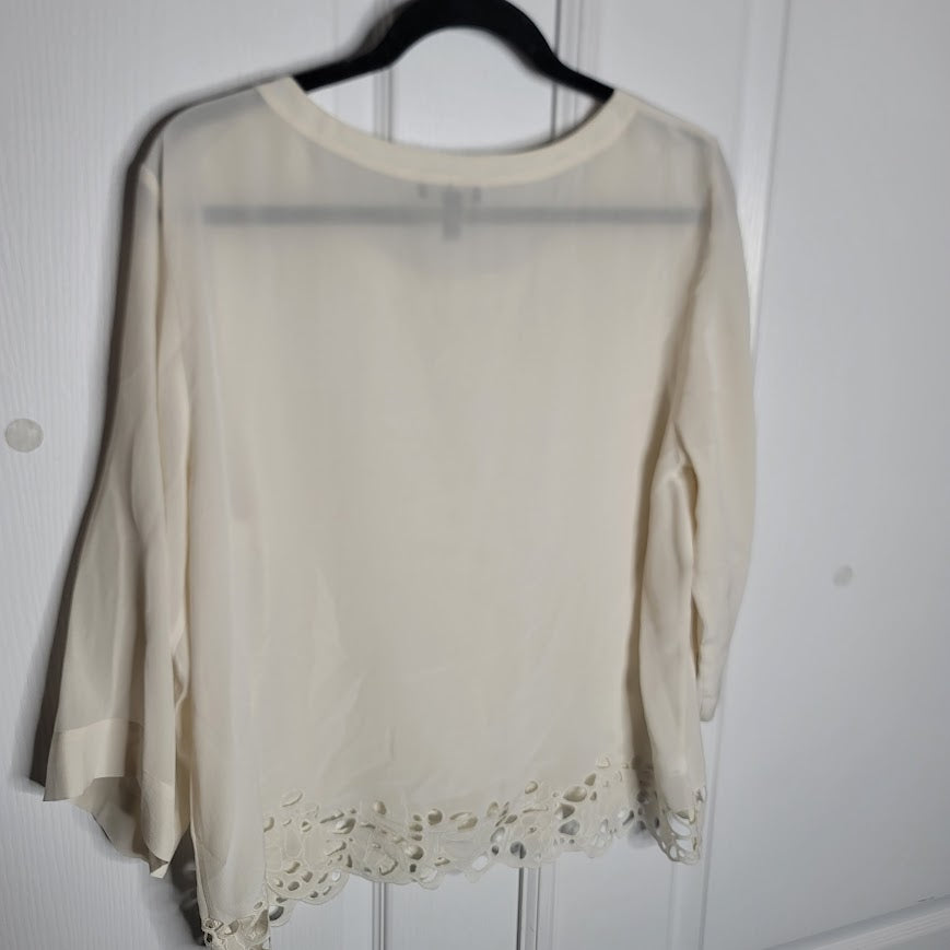 Eileen Fisher 100% Silk Ivory blouse Top Embroidery detail long sleeve Medium
