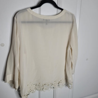 Eileen Fisher 100% Silk Ivory blouse Top Embroidery detail long sleeve Medium