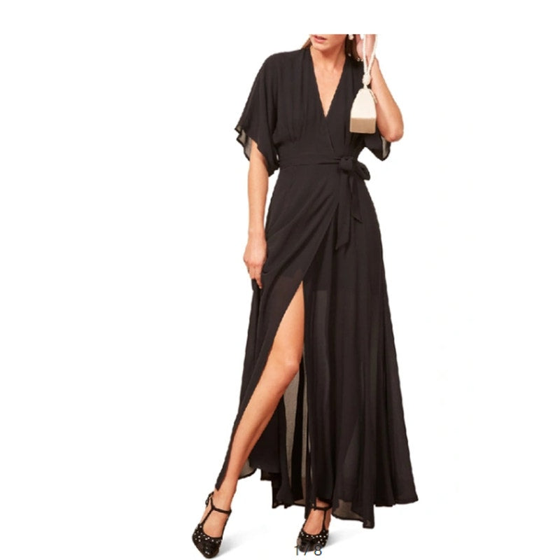 Reformation Winslow Black Wrap Maxi Dress XS NEW Sheer Flowy butterfly Sleeve