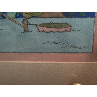 Original Stilt House and Dock Watercolor Painting Signed Sandy Evans