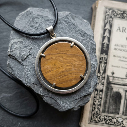 Vintage Brutalist Silver Tone Tiger Eye Agate Disc Pendant MCM Modernist