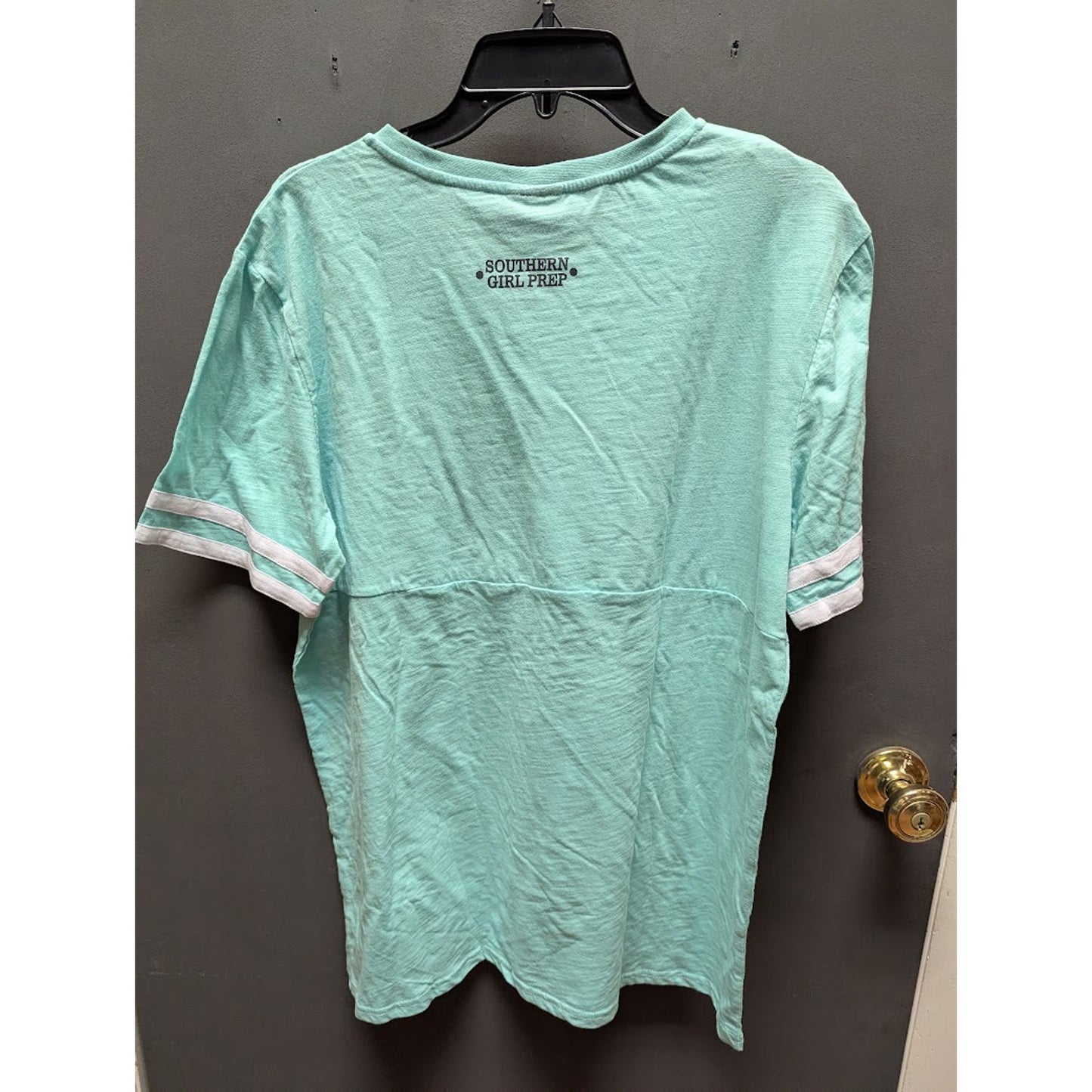 Southern Girl Prep SMALL NEW SHORT  Sleeve Shirt Cotton TEAL BLUE WHITE STRIPE