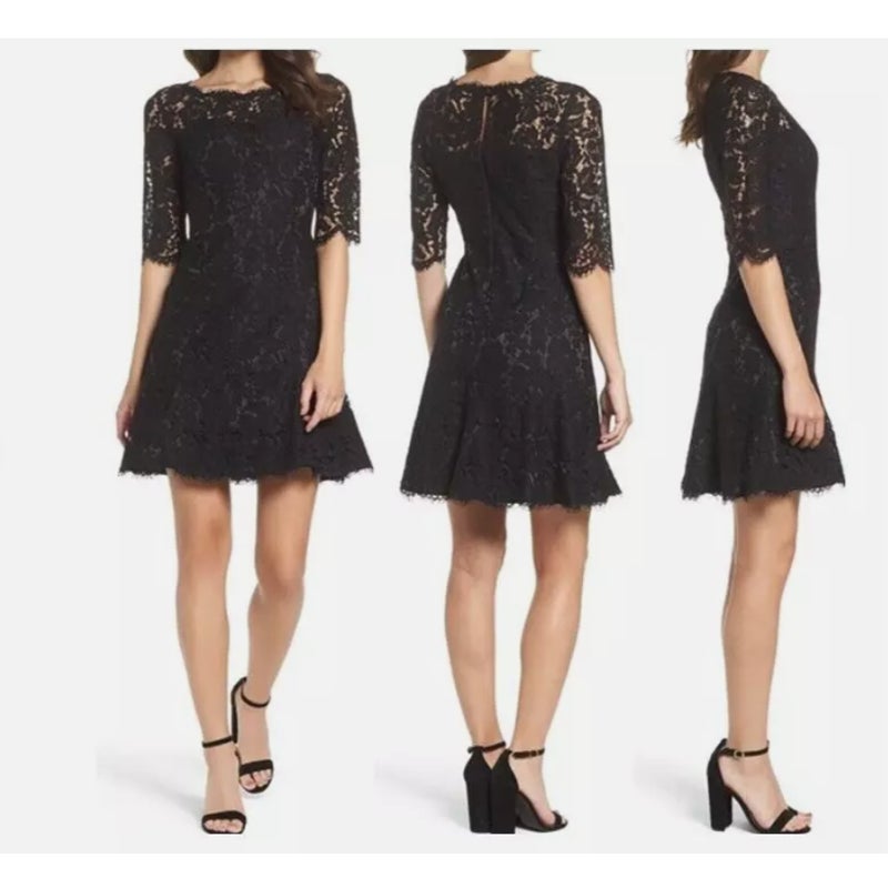 Eliza J Cocktail Dress 3/4 Sleeve Black lace overlay Formal Size 4 Fit Flare