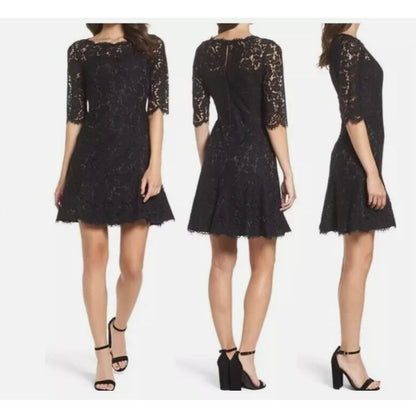 Eliza J Cocktail Dress 3/4 Sleeve Black lace overlay Formal Size 4 Fit Flare