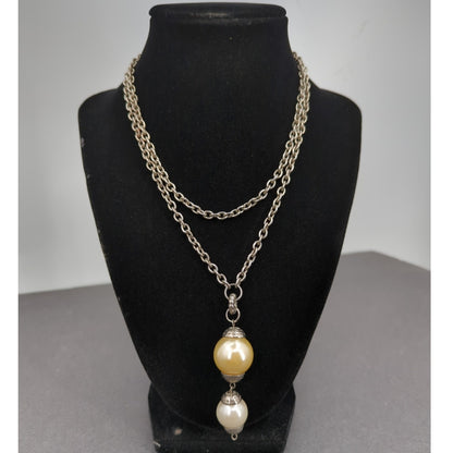 Vintage Fashion Necklace silvertone faux double pearl statement