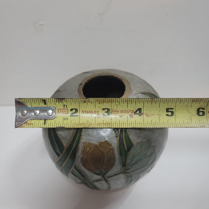 Vintage Mid Century Spherical Round Enamel and Brass Pot Vase Flowers