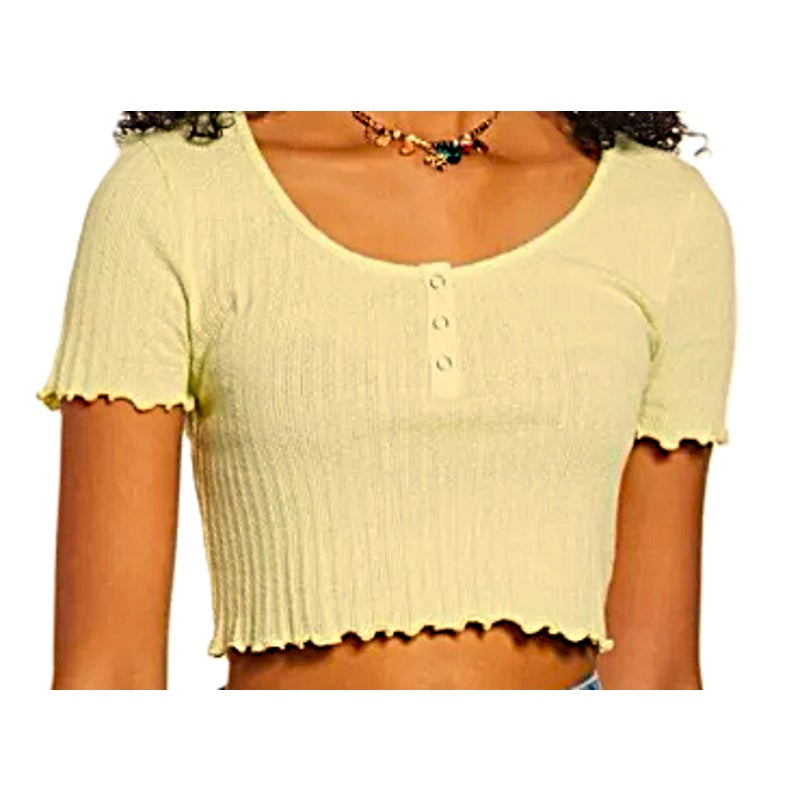 NWT BP. Lettuce Edge Short Sleeve Scoop Henley Crop Top Sz Small Yellow Lemonade