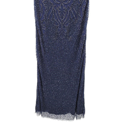 Pisarro Nights Long Line Art Deco Beaded Mesh Formal Gown Sz 18 in Navy NWT