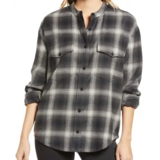 Caslon Womens Cozy Print Long Sleeve Top in Light Grey Camo Print Large MSRP $49