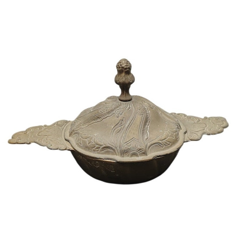 Antique 1800s Pewter Relief Decorated Arabesque Ecuelle Porringer Covered Dish