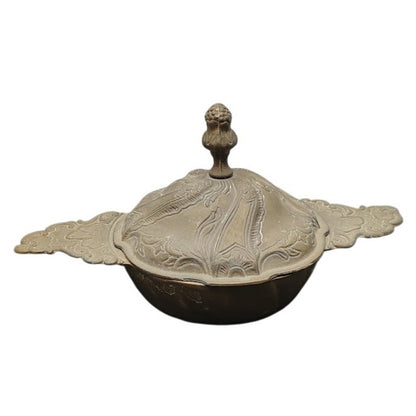 Antique 1800s Pewter Relief Decorated Arabesque Ecuelle Porringer Covered Dish