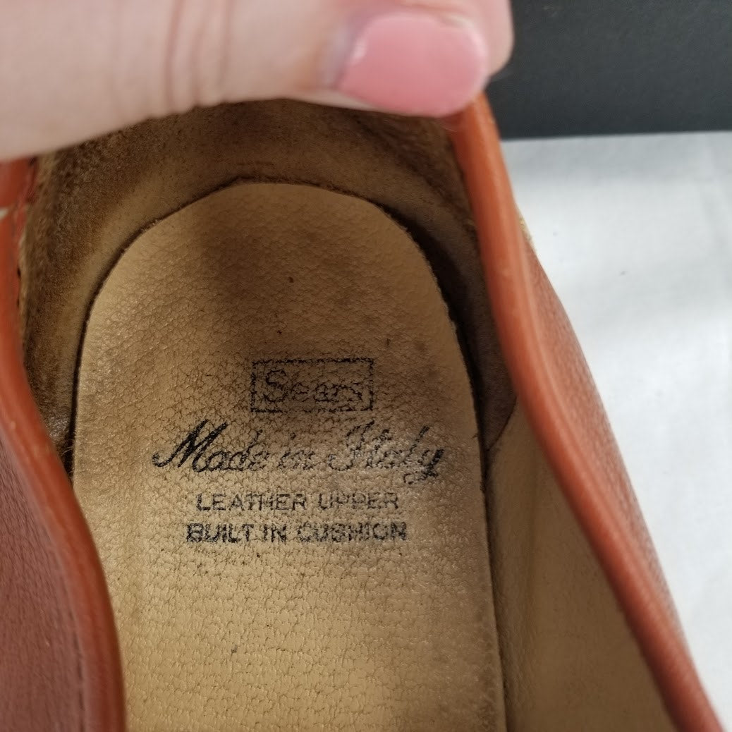 Sears Vintage Men's Loafers Size 9.5 Slip On Italian Leather Cognac 1 Inch Heel