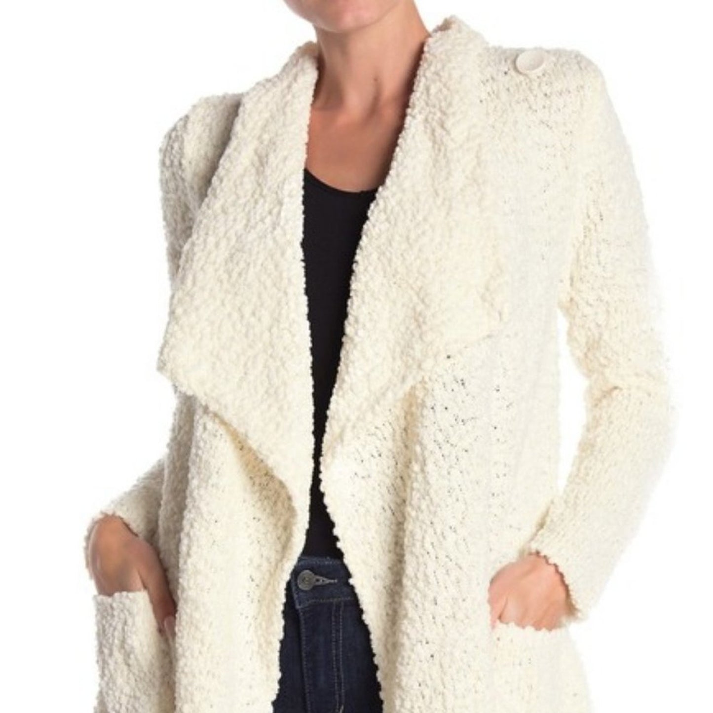 Bobeau Boucle Popcorn Draped Button Cardigan Pockets Loose fitting small NEW