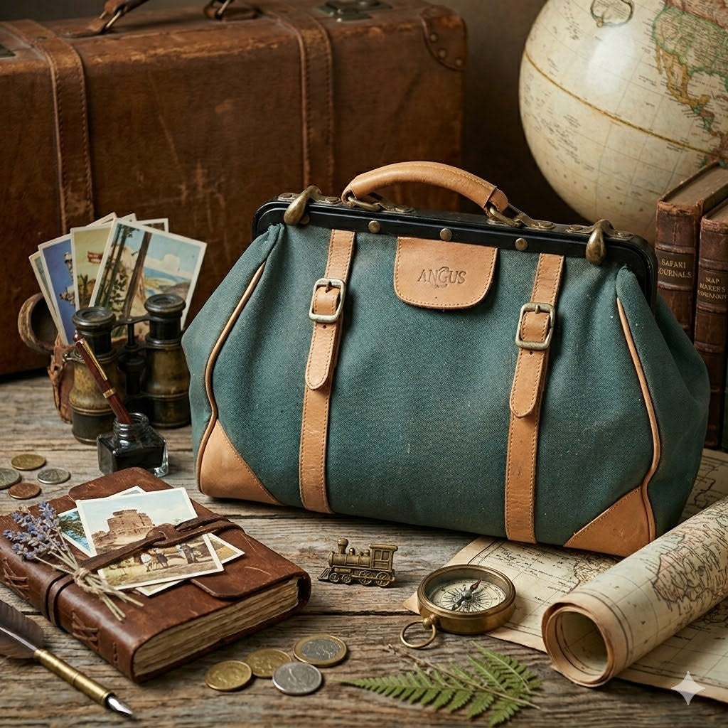 Vintage Angus Teal Green Canvas Leather Doctor Bag Tool CarryAll Travel Satchel