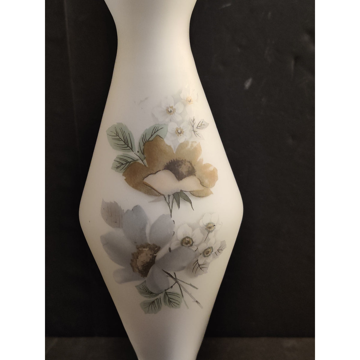 Vintage Frosted Satin Glass Hand Painted Floral Bud Vase Gold Trim