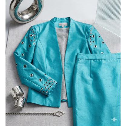 EY Boutique Teal Skirt Suit 16 Turquoise Grommet Edgy Y2K Power Dressing