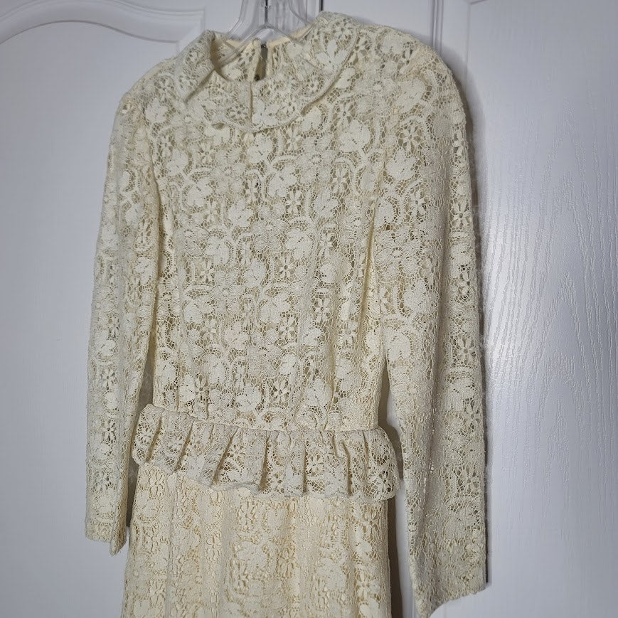 Vintage Lace wedding evening dress sheer top line skirt One Piece peplum Waist
