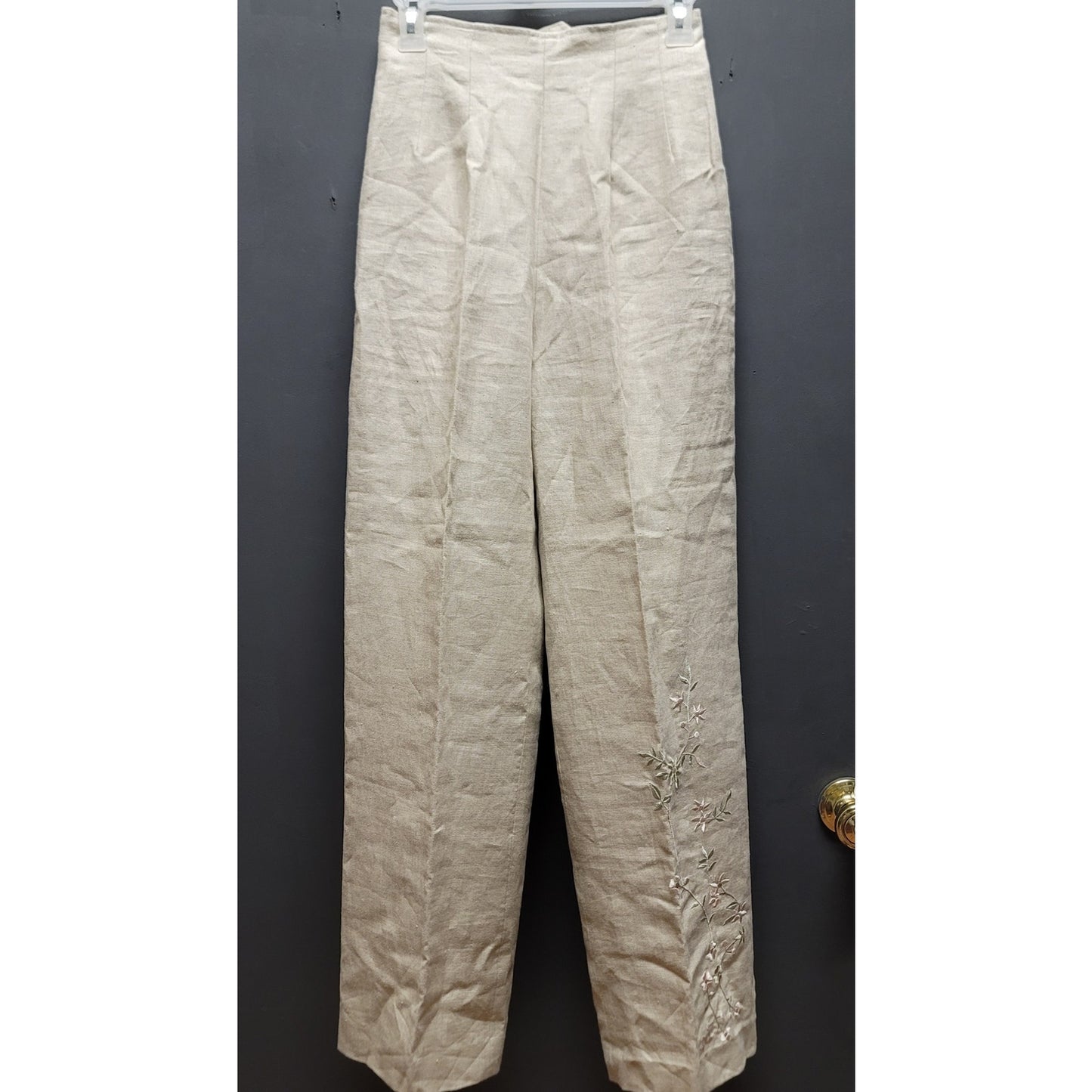 Donna Morgan Vintage Tan Linen Embroidered Pants Coastal Luxury High Waist 4